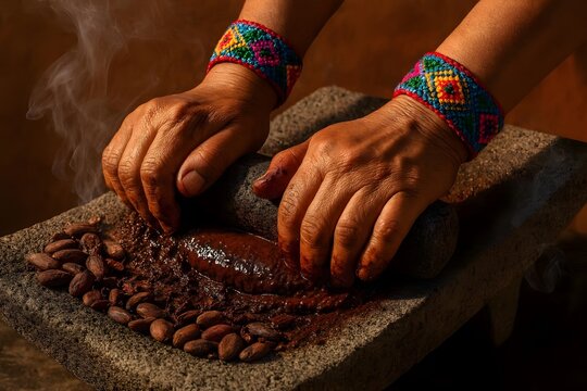 Hands using stone metate to grind roasted cacao beans manually