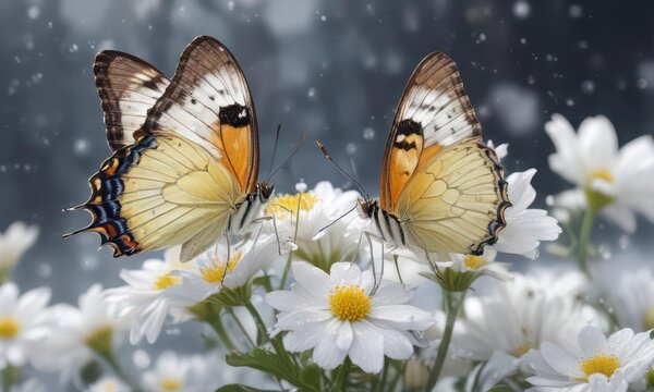 Delicate butterfly perched on a snowy white flower, its proboscis outstretched as it sips nectar,  nectaring,  colorful
