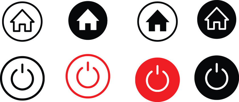 Icon set house and power buttons in various colors and inversions