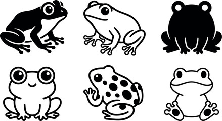 Obraz premium Black and white cartoon frog icons set with varied poses and expressions