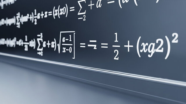 Detailed view of complex white mathematical equations and formulas elegantly written on a dark gray surface in an academic style.