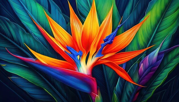 Nahaufnahme einer tropischen Paradiesvogelblume, die mit ihren leuchtenden Farben und &uuml;ppigen gr&uuml;nen Bl&auml;ttern eine exotische Atmosph&auml;re schafft.