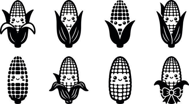 Black and white cartoon corn cobs with smiling faces and varied husks vector art