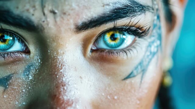 Intense gaze transformation with bluegreen eyes and face tattoos