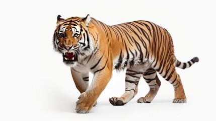 Fototapeta premium Majestic Bengal Tiger Walking Forward with an Open Mouth, Striped Coat Prominently Displayed