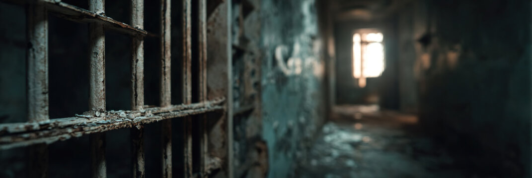 Rusted bars frame a dark, forgotten prison hallway. Damp walls show age and neglect. Faint light filters through distant, broken windows. Muted colors evoke isolation and decay