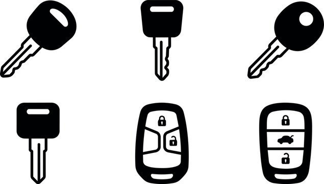 Black and white line art set of car keys and remote lock icons