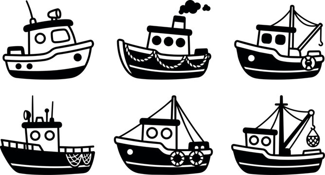 Black and white line art fishing and tug boats collection with smoke and nets
