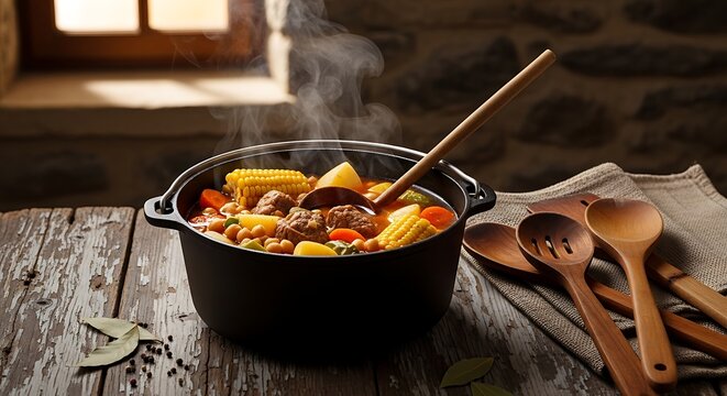 Hearty Stew Cooking in Cast Iron Pot on Rustic Wooden Table, Steaming Hot with Vegetables and Meat. puchero