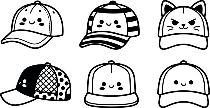Cute kawaii style smiling and angry faces baseball caps vector art set