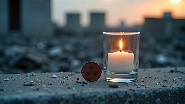 Burning white candle in a glass jar next to a rusted radiation symbol on rough concrete. Warm sunset light over a blurred industrial Chornobyl cityscape