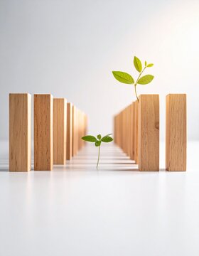 Pathway of constrained growth with wooden corridor and green sprouts