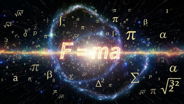 Dynamic physics concept with glowing f=ma formula and greek mathematical symbols amidst cosmic nebulous background