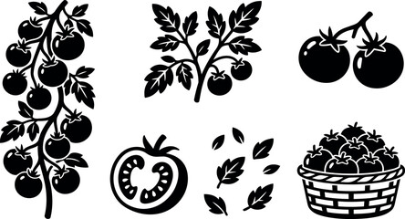 Naklejka premium Black and white tomato fruit and leaf silhouettes with basket and branch vector art