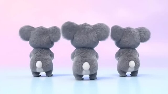 Three adorable fluffy koala characters dancing and grooving to the music in a cute animated sequence