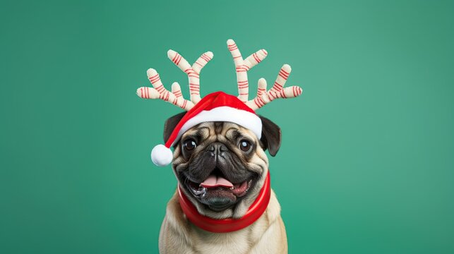 Playful pug wearing Santa hat and scarf posing against a solid green backdrop for a festive photo