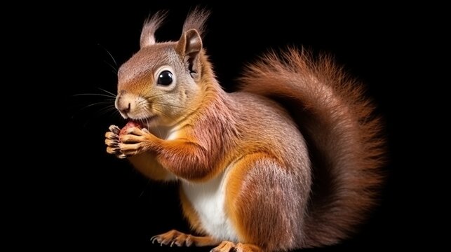 Playful Red Squirrel Holding a Nut with Bushy Tail on Black Background