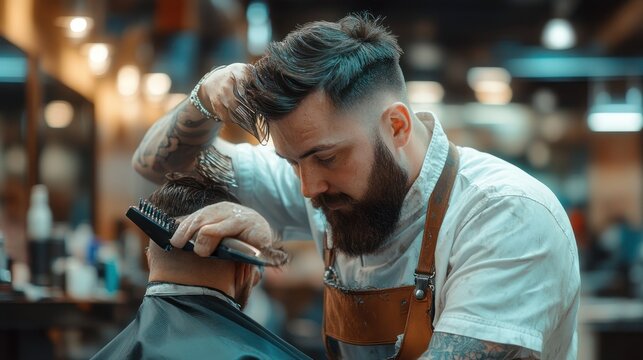 Barber giving a stylish haircut to a client in a modern barbershop.