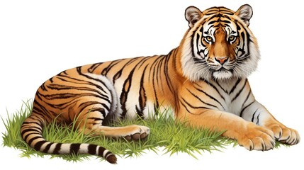 Fototapeta premium Relaxed Bengal tiger resting on a patch of green grass beneath bright studio lighting