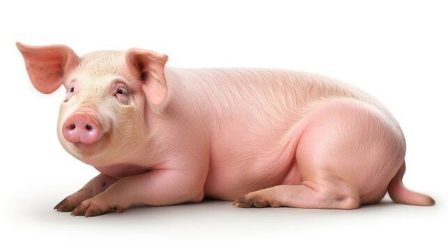 Relaxed pink domestic pig lying calmly on a clean white studio background