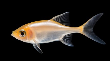 Fototapeta premium Small Orange and White Goldfish with Dark Fin Highlights Against a Black Background