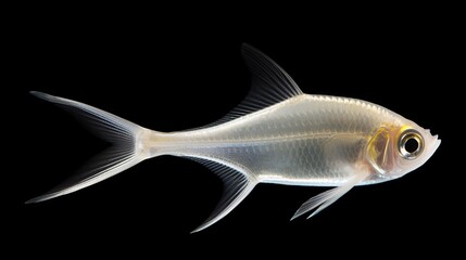 Naklejka premium Small silver freshwater minnow with elongated body and forked tail on black background
