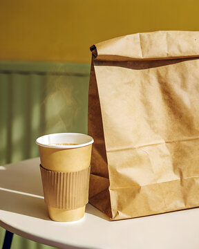 Coffee Cup and Paper Bag on White Table with Green Background in Minimal Style Product Photography