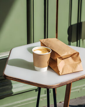 Coffee Cup and Paper Bag on White Table with Green Background in Minimal Style Product Photography
