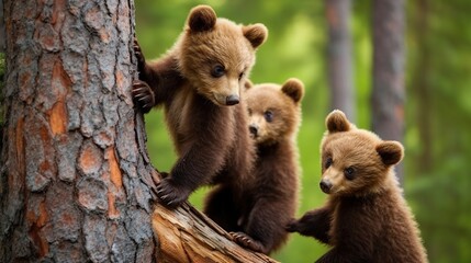 Obraz premium Three curious brown bear cubs peek around a rough tree trunk in a sunlit forest
