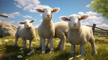 Fototapeta premium Three curious fluffy lambs standing together in a sunlit meadow with a fence and distant hills