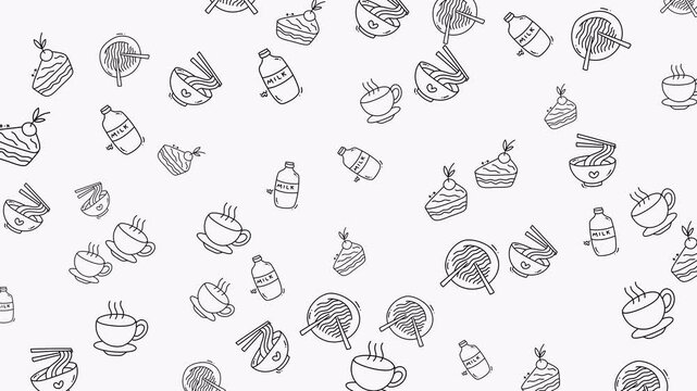Delicate line art of food and drink icons. Simple outlines show bowls, cups, cakes, and chopsticks. Pattern repeats across a clean, light background. Ideal for menus, food blogs, or design backgrounds