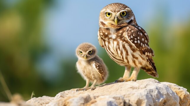 Two Burrowing Owls Perched on a Bright Sunlit Rock: Adult and Juvenile Sharing a Curious Look