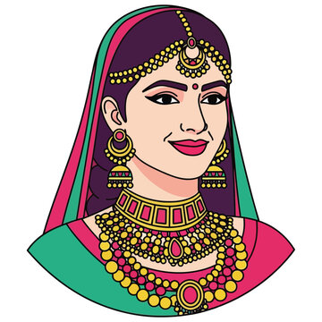 Traditional south asian bride portrait with gold jewelry and colorful clothing