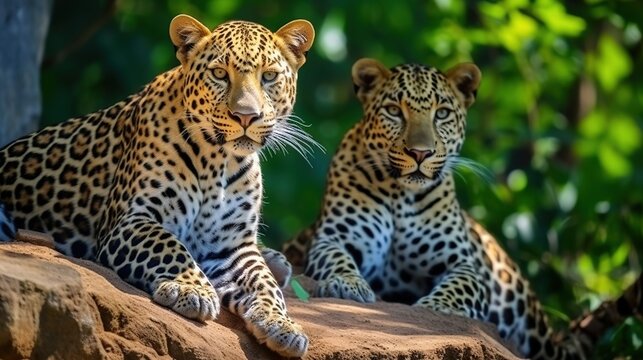 Two Large Spotted Jaguars Lounging Together on a Sunlit Rocky Outcrop