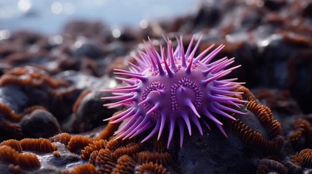 Vivid Purple Sea Urchin with Long Spines Anchored on a Rocky Coral Reef Underwater