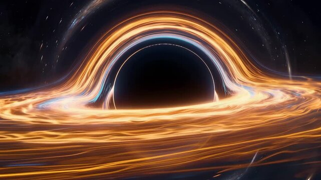 Supermassive black hole swirling in space with glowing cosmic galaxy