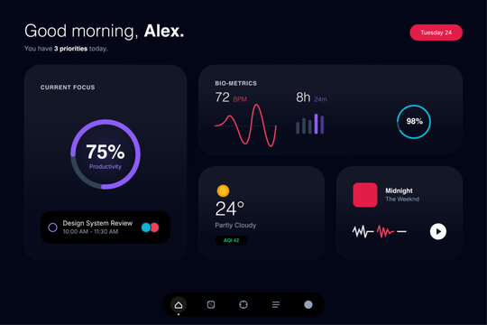 Modern productivity dashboard UI vector showing personal analytics, biometrics, tasks, and performance insights. Ideal for apps, health tracking, productivity tools, and digital interfaces.