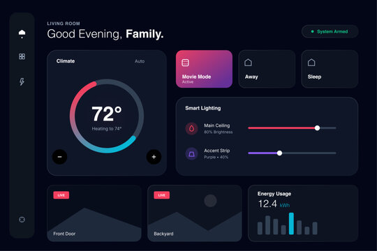 Modern smart home dashboard UI vector featuring climate control, lighting settings, and energy monitoring. Ideal for IoT apps, home automation systems, and digital interface design.