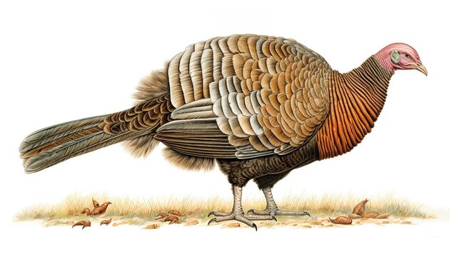 Wild turkey standing on light sandy ground with brown iridescent plumage and red head in a natural pose illustration