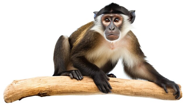 Young macaque monkey perched on a wooden branch against a white background