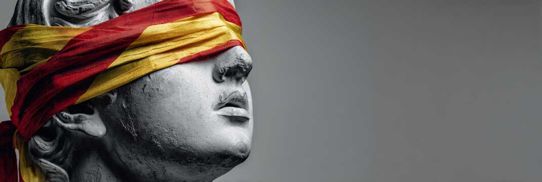Stone face wrapped in red and yellow cloth. Statue shows serene, unblinking gaze. Blindfold symbolizes impartial judgment. Ideal for legal, ethics, or fairness themes