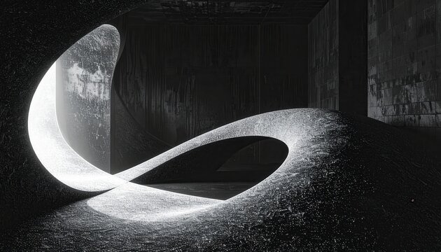 Una escultura arquitect&oacute;nica curva y minimalista en blanco y negro destaca por su dram&aacute;tico contraste de luces y sombras en un espacio oscuro.