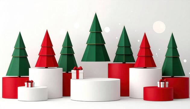 Escena festiva 3D con &aacute;rboles de Navidad geom&eacute;tricos verdes y rojos sobre podios blancos y rojos con cajas de regalo sobre fondo blanco.
