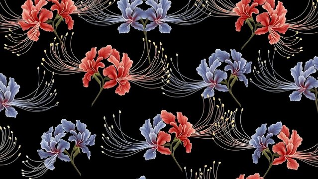 Elegant floral pattern with red and blue spider lilies on black background.