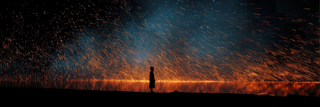 Silhouette stands before explosive firework display. Bright sparks cascade across dark night sky. Colorful light bursts create dramatic, radiant backdrop. Person appears small, focused, or awe-struck
