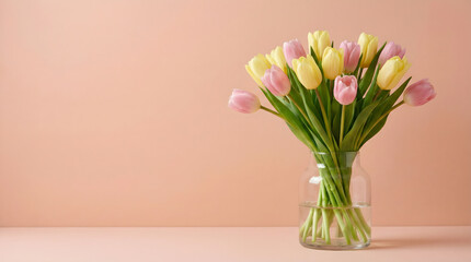 Fototapeta premium Pink and Yellow Tulips in Glass Vase on Peach Background