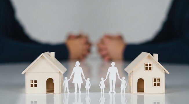 A conceptual scene of divorce or family separation, showing two miniature houses placed apart on a reflective surface. In front of each house stand white paper-cut silhouettes of a parent and child