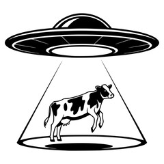 A minimalist and humorous graphic depicting a classic flying saucer hovering over a floating cow © Suriya