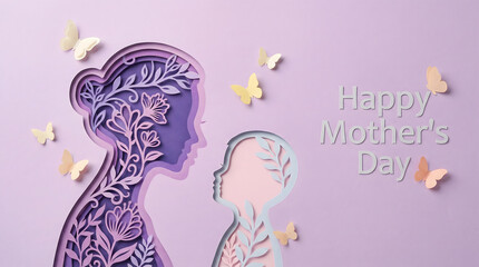 Fototapeta premium Mother and Child Paper Cutout Silhouette with Butterflies - Happy Mother's Day