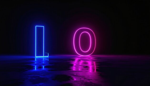 Representaci&oacute;n art&iacute;stica de c&oacute;digo binario con letras de ne&oacute;n brillantes en colores cian y magenta reflejadas en un suelo mojado oscuro.